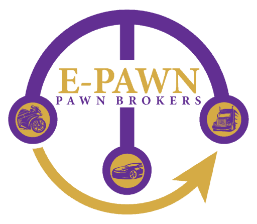 E-Pawn Pawnbrokers logo showing car, motorcycle and truck icons — representing fast same-day cash loans in Sydney secured against vehicles including cars, utes, bikes and work trucks.