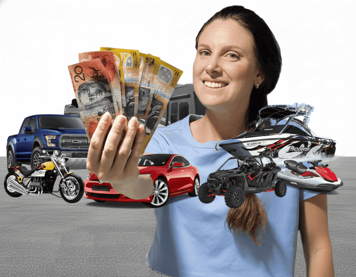 Australian woman holding cash in front of cars, motorbikes, boats and other vehicles — representing fast same-day car pawn loans in Sydney with no credit checks by E-Pawn Pawnbrokers