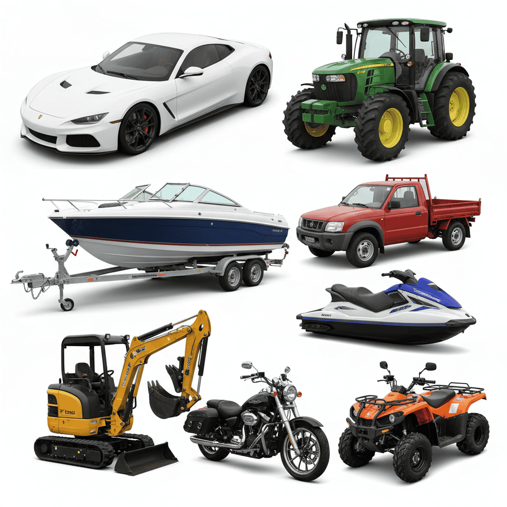 Range of vehicles accepted for pawn loans including a sports car, tractor, boat on trailer, light truck, jetski, excavator, motorcycle and quad bike — showing the diverse collateral E-Pawn Sydney considers