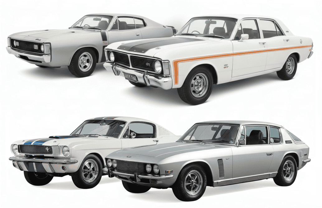 Classic and muscle cars including a Valiant Charger, Ford Falcon GT, Mustang Fastback and Jensen Interceptor — representing collectible vehicles accepted for pawn loans by E-Pawn Sydney