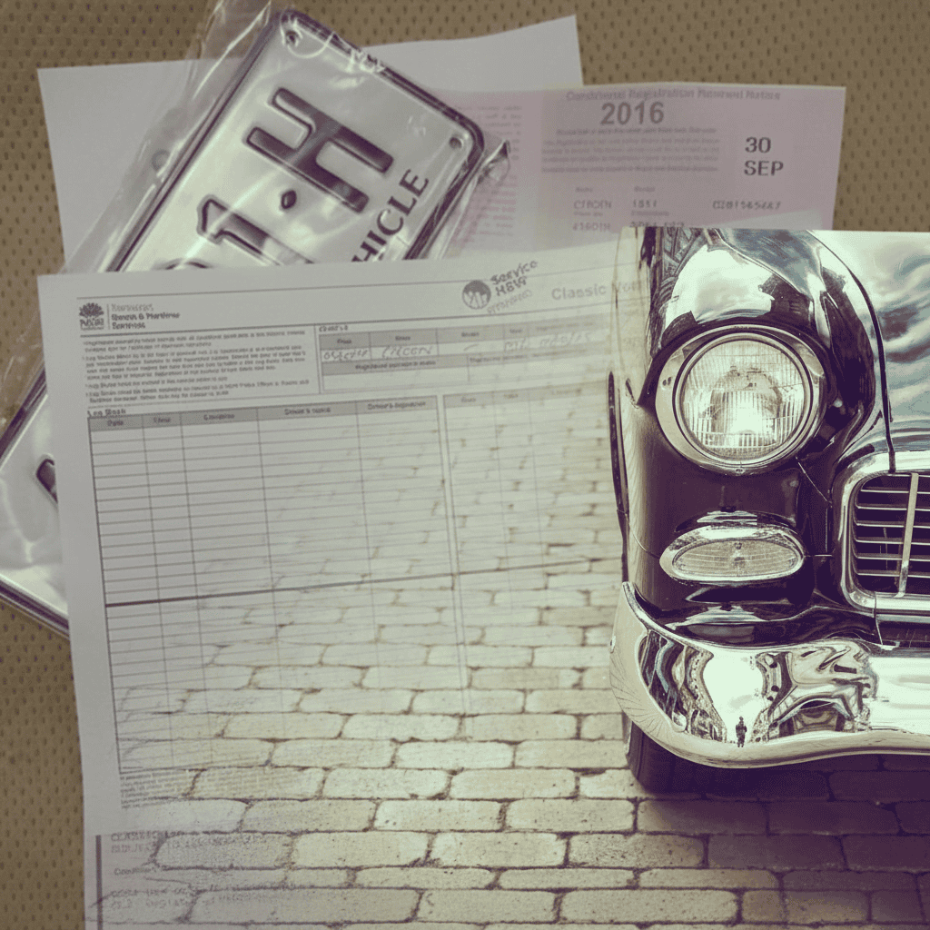 Classic car registration documents and number plates laid out beside a restored vintage vehicle, illustrating what to bring for a classic or historical car appraisal at E-Pawn