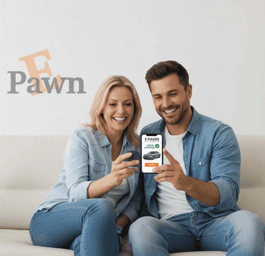 Apply for a Car Pawn Loan Online Sydney | E-Pawn Parramatta Couple applying online for a car pawn loan on a mobile phone with E-Pawn Sydney pawnbrokers