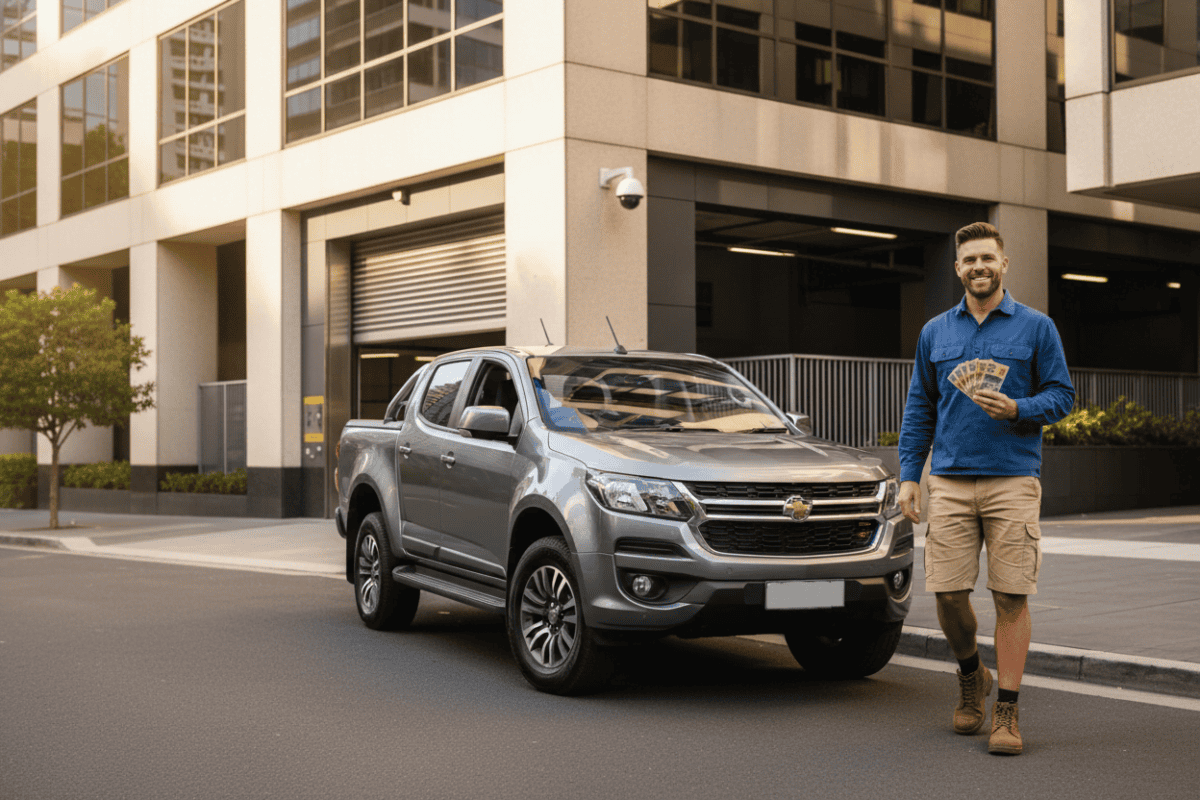 Sydney car pawnbroker customer holding Australian cash beside his ute outside a secure pawn shop in Parramatta NSW